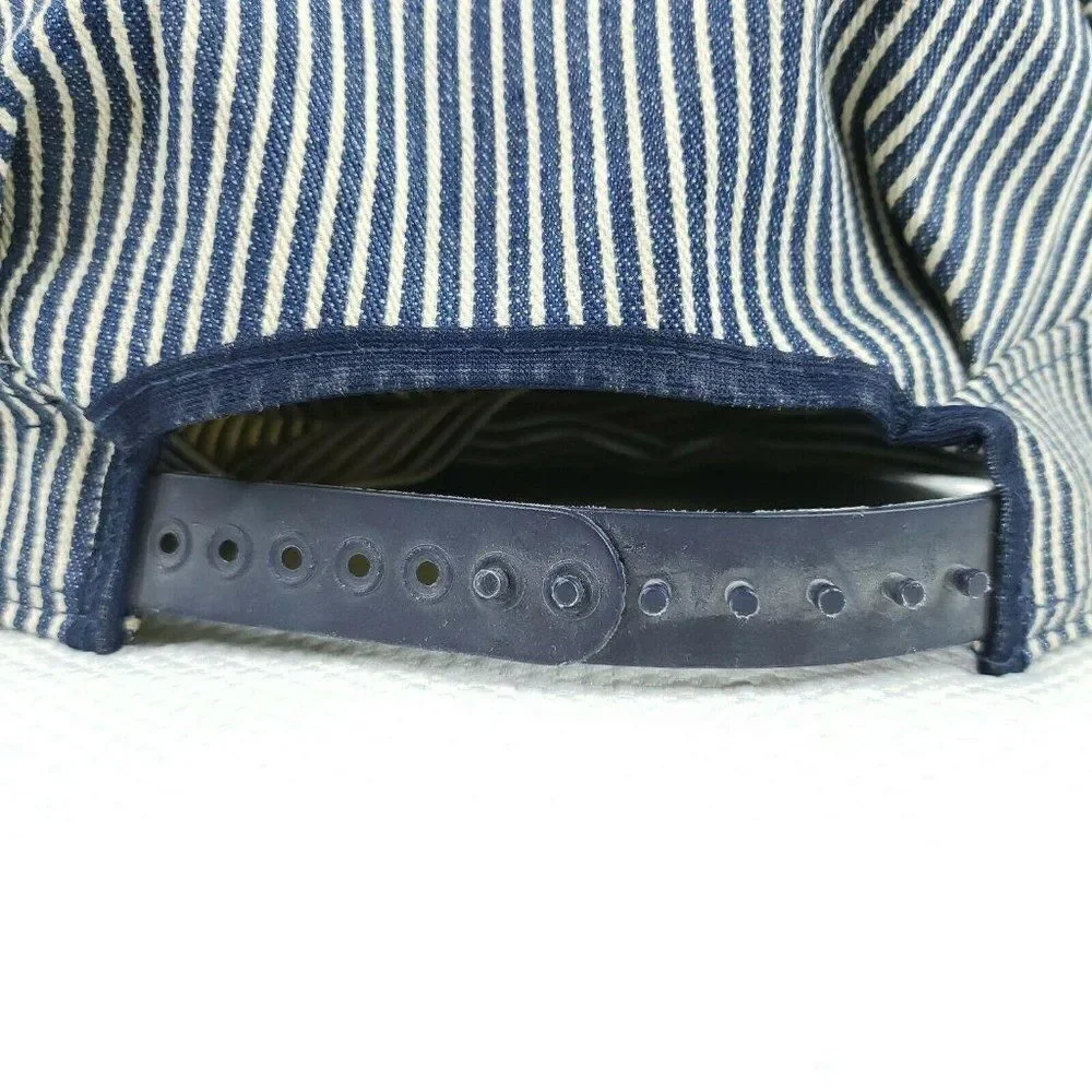 Vintage Engineer Train Conductor Hat Cap Blue White Striped Snapback Made USA